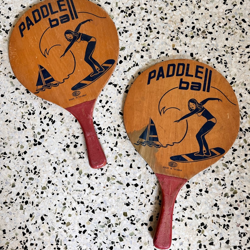 Vintage 1960s HOWSCO Surfer Girl Pair of Wooden Paddle Ball Paddles